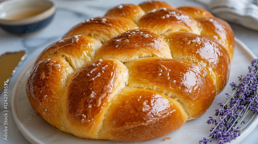 A delicate, French-inspired Paska bread with a light, airy crumb, drizzled with lavender-infused honey A delicate, French-inspired Paska bread with a light, airy crumb, drizzled with lavender-infused honey