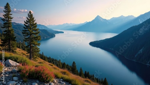 Misty morning on the mountain with Lake Tahoe, scenery, landscape