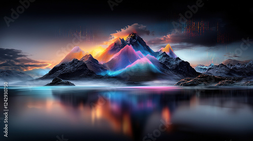 Surreal mountain range with pixelated peaks shifting in neon colors and earthy tones, blending natural rocky terrain with digital data streams and binary code, merging nature with the digital world
