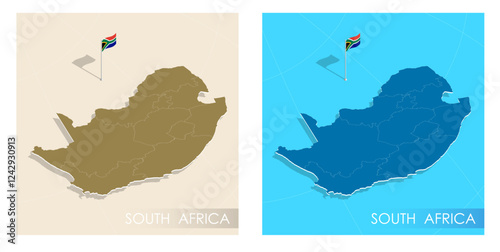 South Africa country flag installed on geographic positioning map point of country territory. South African commonwealth banner on land and sea. Festive patriotic HD format template independence day