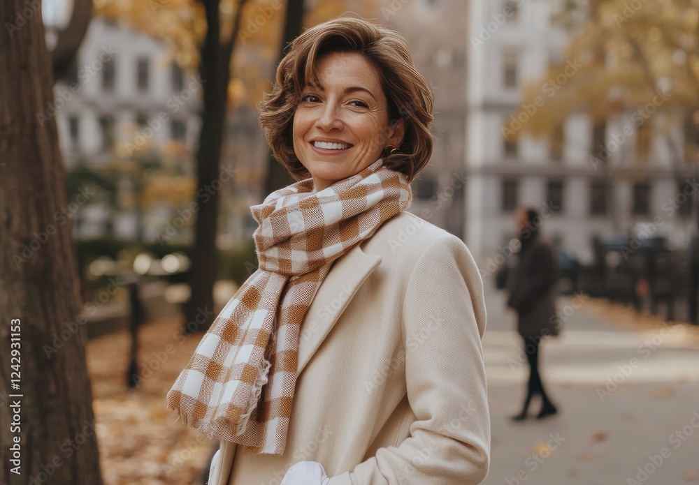 an elegant woman in her late thirties, smiling and walking on the street wearing white trousers with wide pants legs, beige long coat an elegant woman in her late thirties, smiling and walking on the street wearing white trousers with wide pants legs, beige long coat