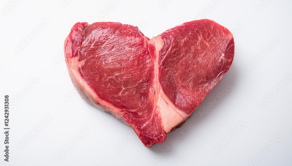 Piece of raw meat in shape of heart on white backdrop. Organic product. Fresh beef. Tasty food Piece of raw meat in shape of heart on white backdrop. Organic product. Fresh beef. Tasty food