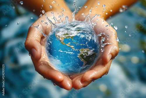 Hands holding a water globe of mother earth advertising world water day