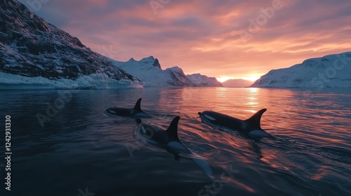 A pod of orcas swimming gracefully in the icy waters of Norway