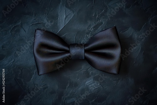 classic black silk bow tie floating against textured charcoal background, dramatic studio lighting with subtle reflections, luxury product photography photo