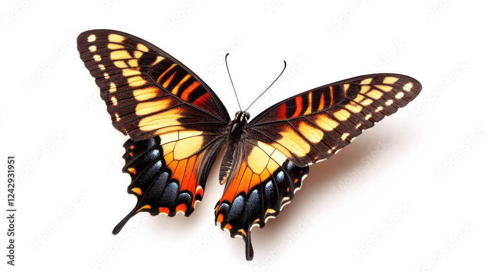 Fototapeta premium vibrant butterfly with striking orange, black, and yellow patterns is displayed on plain white background, showcasing its detailed wing design