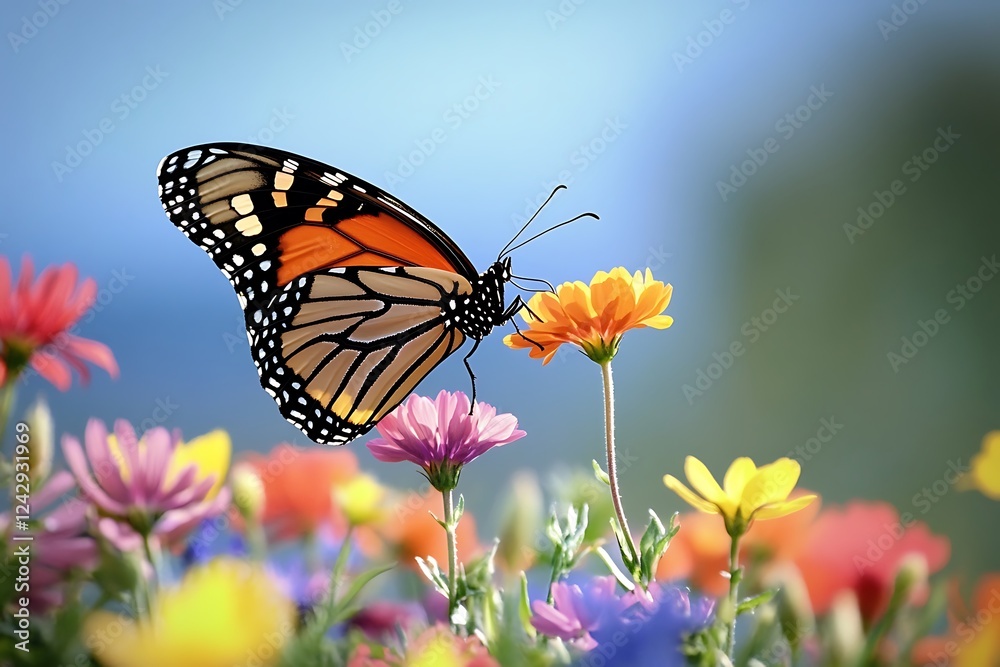 A stunning butterfly hovering over a patch of wildflowers, with colorful petals swaying under a gentle breeze, showcasing an idyllic outdoor scene. A stunning butterfly hovering over a patch of wildflowers, with colorful petals swaying under a gentle breeze, showcasing an idyllic outdoor scene.
