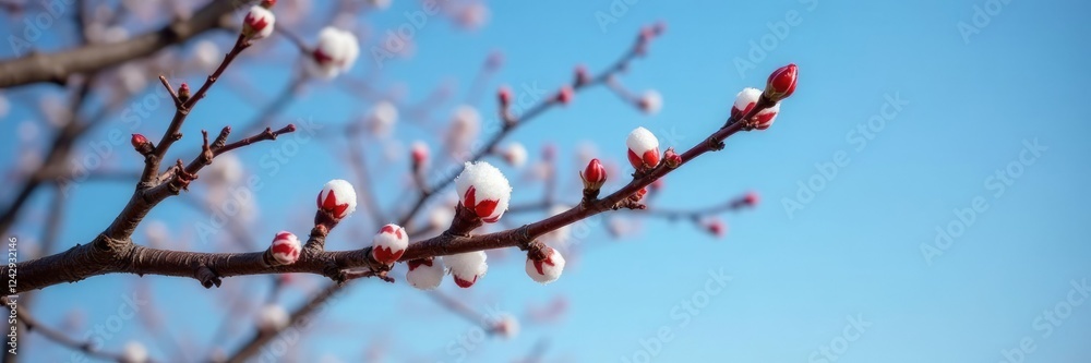 Branches with tightly closed buds against blue sky, cold weather, bark texture, tree limbs Branches with tightly closed buds against blue sky, cold weather, bark texture, tree limbs