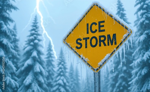 Ice storm warning sign coated in ice and snow highlights the dangers of a severe ice storm amidst a snowy forest and lightning-struck sky.