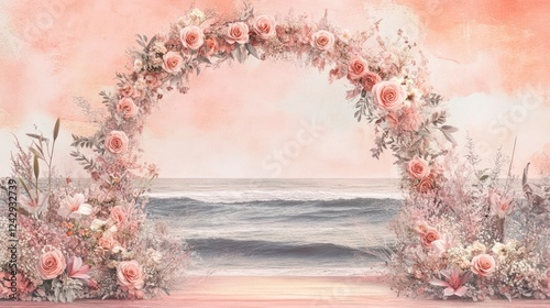 A romantic floral arch adorned with pastel roses and lilies, set against an oceanfront wedding ceremony with a soft pink textured background