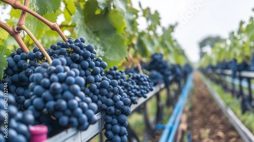 Obraz na płótnie Ripe clusters of dark grapes hang from green vines in a vineyard during the harvesting season. The sky is overcast, creating a serene atmosphere for grape collection. w salonie