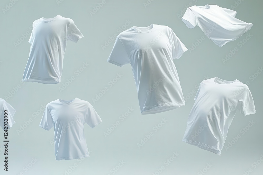 clean product photography of floating white t-shirts, multiple angles, subtle shadows, professional studio lighting setup clean product photography of floating white t-shirts, multiple angles, subtle shadows, professional studio lighting setup