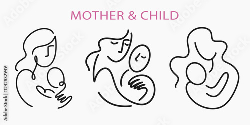 Mother and Baby One Line Art Drawing Breastfeeding