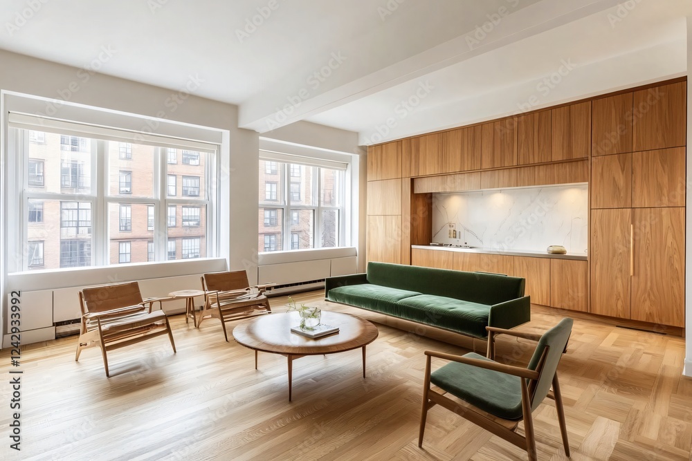 Modern Apartment Interior Design Green Sofa Wood Cabinets and Hardwood Floors