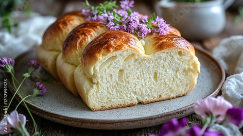 A sliced Paska bread with a soft, fluffy interior, garnished with edible flowers and placed on a rustic ceramic plate photo