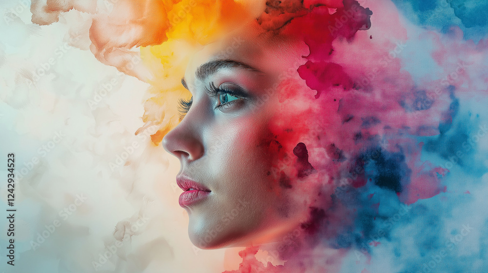 Fototapeta premium A woman’s face composed of fluid paint strokes that seem to be constantly shifting and moving, capturing the essence of an artistic process, soft side lighting creating depth