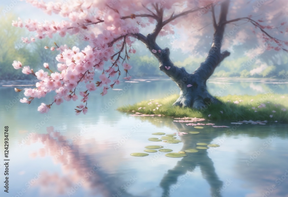 Fototapeta premium Soft-focus cherry blossom tree reflecting in a serene pond surrounded by lily pads and blossoms