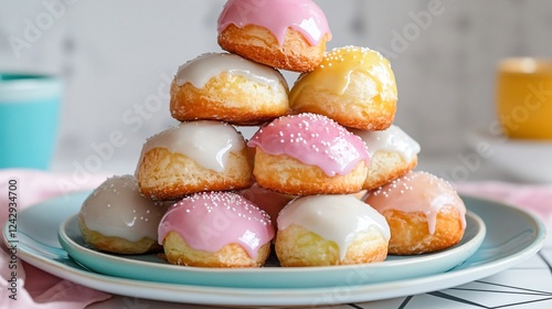 A stack of mini Paska breads, each with a different color glaze, arranged playfully on a modern geometric plate photo