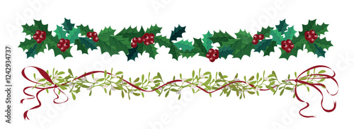 Set of beautiful Christmas decorations in cartoon style.Vector illustration of garland of holly with green leaves, red berries, mistletoe with bows and curved ribbons, isolated on white background.