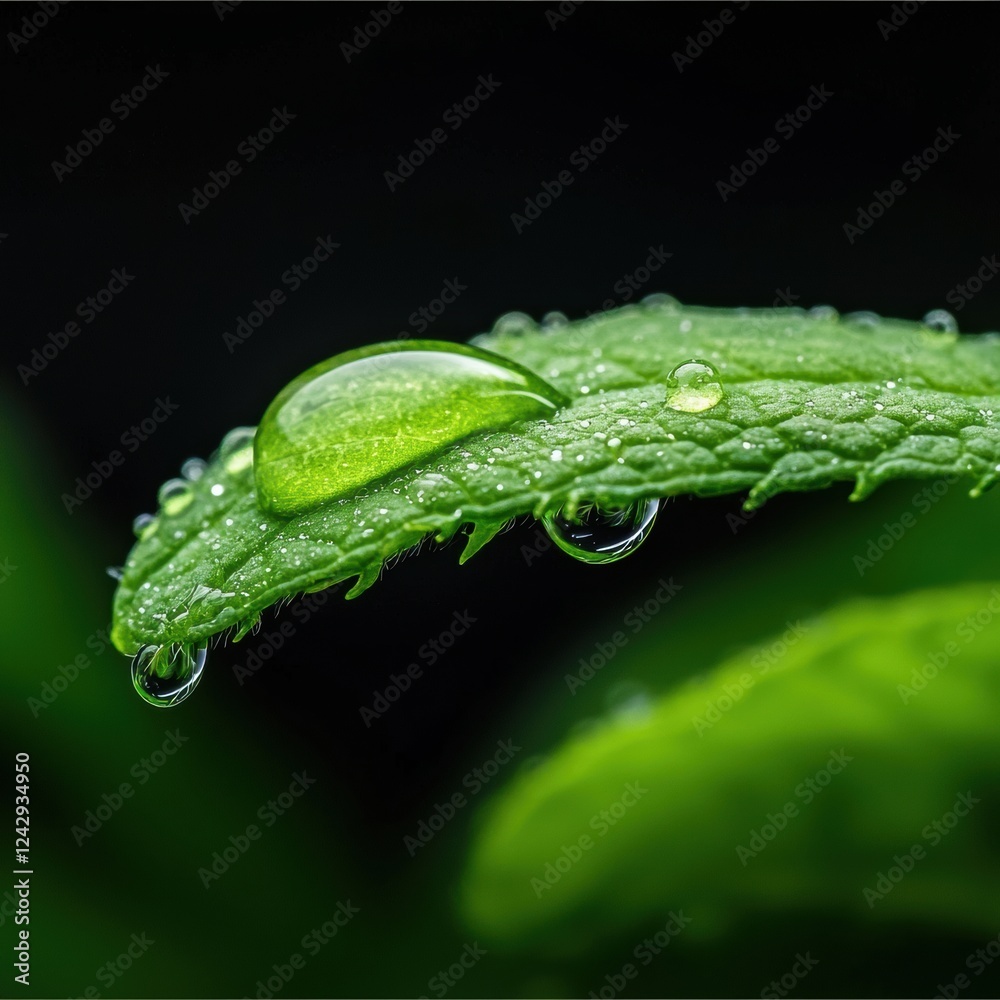Captivating Macro Shot of a Vibrant Green Leaf Adorned with Crystal Clear Water Droplets Captivating Macro Shot of a Vibrant Green Leaf Adorned with Crystal Clear Water Droplets