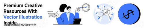 Woman reviewing data with laptop while highlighting clock and network connections. Dollar sign represents financial growth. Ideal for business strategy, productivity, time management, marketing