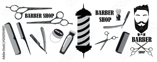 Set of graphic barber shop tools in cartoon style. Vector illustration of modern barber shop equipment: barber pole, scissors, beard wax, trimmer, razor, brush, combs, isolated on white background.