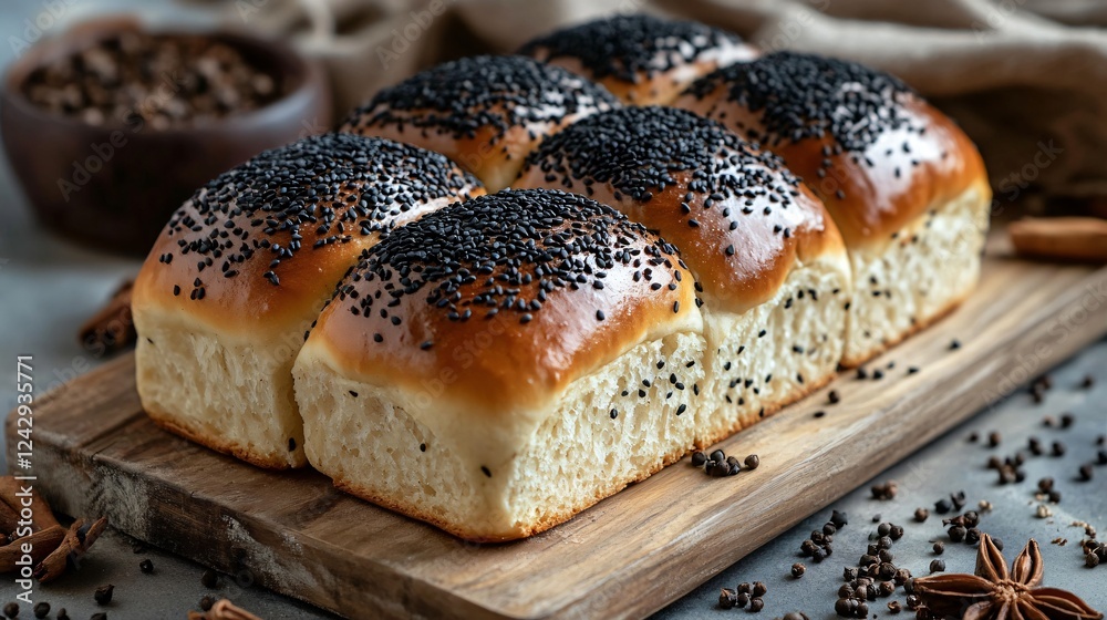 A unique black sesame Paska bread with a glossy charcoal glaze, presented on a wooden board with exotic spices A unique black sesame Paska bread with a glossy charcoal glaze, presented on a wooden board with exotic spices