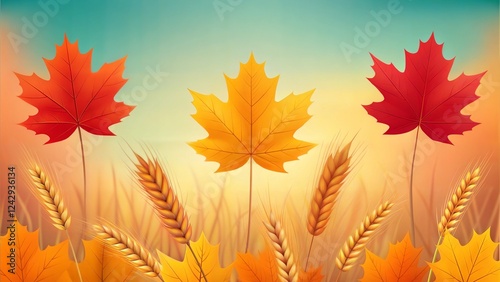 Beautiful autumn leaves with wheat ears on color background photo