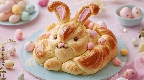 A whimsical Paska bread shaped like a bunny, designed for a festive Easter celebration with pastel-colored decorations photo