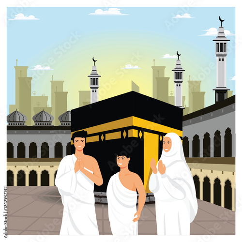 Islamic Hajj Pilgrimage. A Muslim family wears ihram clothes performing Hajj or Umrah Pilgrimage with Kaaba.