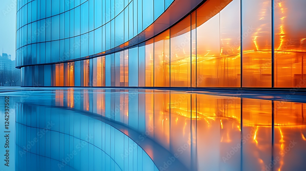 Fototapeta premium Modern glass building reflecting sunset, city backdrop