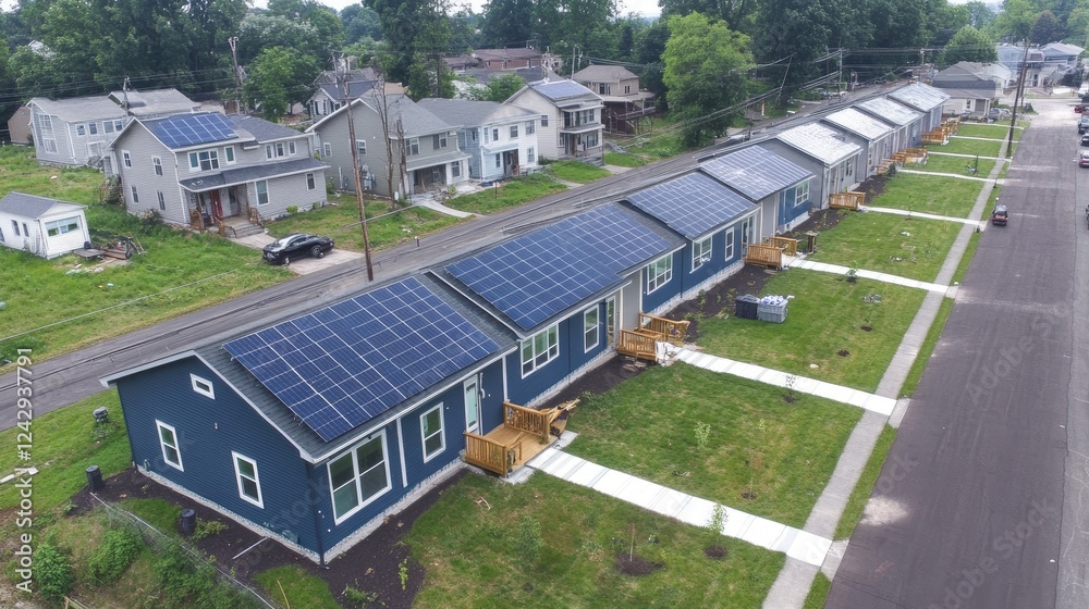 Solar Panel Equipped Homes in a Suburban Row Solar Panel Equipped Homes in a Suburban Row