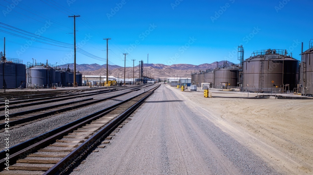 Fototapeta premium Industrial Storage Tanks Near Railroad Tracks and Mountains