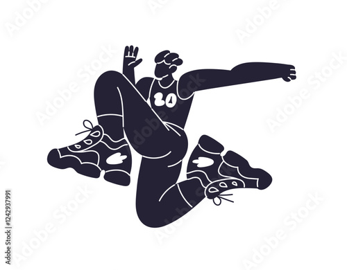 Black silhouette of jogger in sportswear runs fast in marathon, sprint. Shadow of runner jogging, training. Abstract sportsman rushing to sports win. Flat isolated vector illustration on white