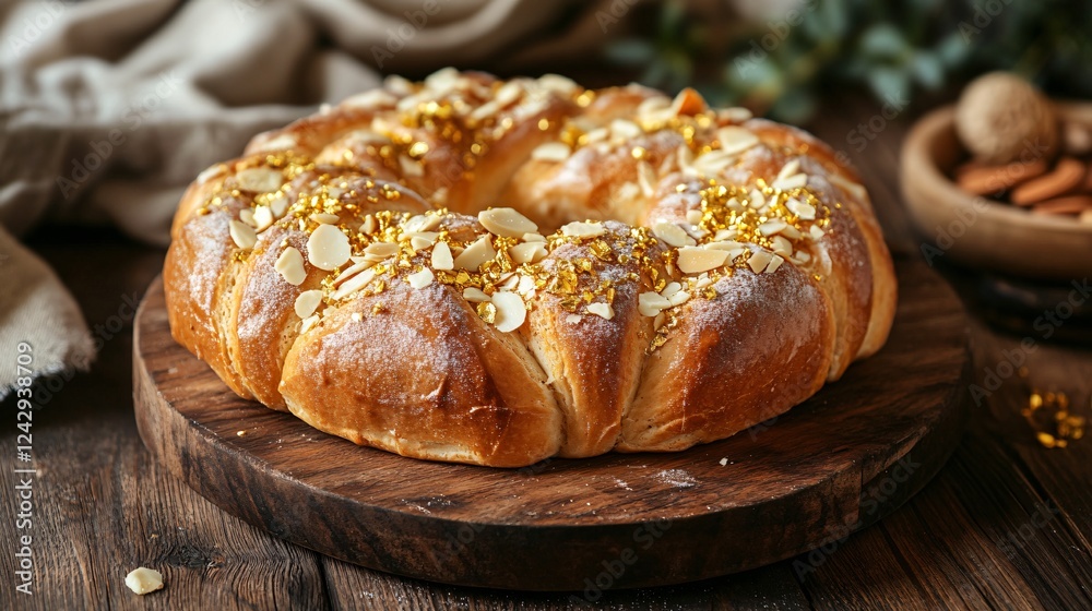 Paska bread with a delicate sugar glaze, topped with chopped almonds and edible gold leaf, placed on a rustic wooden plate Paska bread with a delicate sugar glaze, topped with chopped almonds and edible gold leaf, placed on a rustic wooden plate