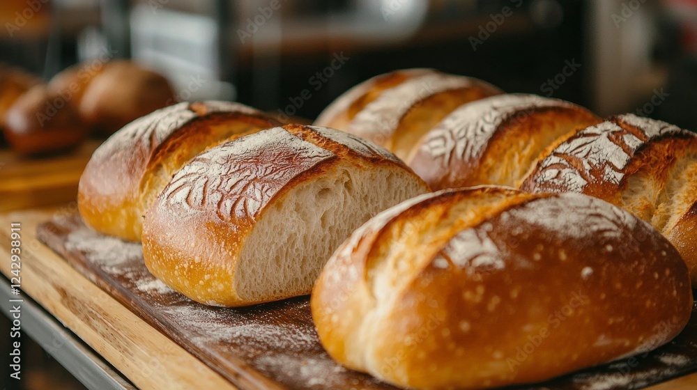 Crisp crusts and soft interiors highlight the artisan loaves cooling on a wooden board. The bakery's inviting warmth and delicious aroma fill the air, tempting passersby Crisp crusts and soft interiors highlight the artisan loaves cooling on a wooden board. The bakery's inviting warmth and delicious aroma fill the air, tempting passersby