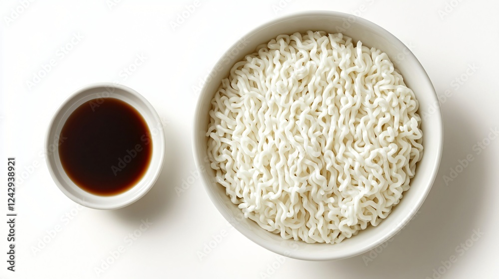 Cooked noodles, soy sauce, white bowl, food photography, recipe illustration Cooked noodles, soy sauce, white bowl, food photography, recipe illustration