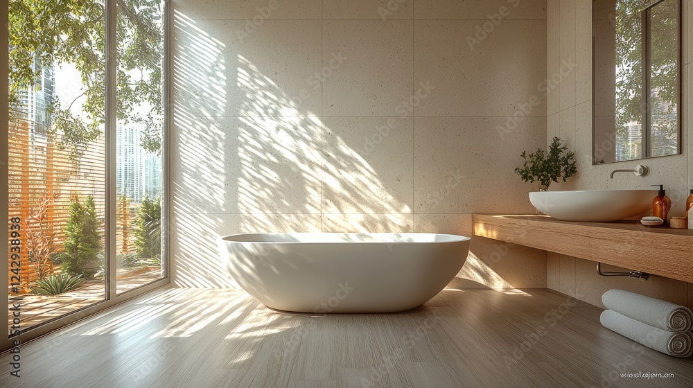 A serene, master bathroom bathed in natural daylight, featuring a large freestanding white stone bathtub centered on a light oak wood floor. The walls are a blend of earthy textured plaster. A serene, master bathroom bathed in natural daylight, featuring a large freestanding white stone bathtub centered on a light oak wood floor. The walls are a blend of earthy textured plaster.