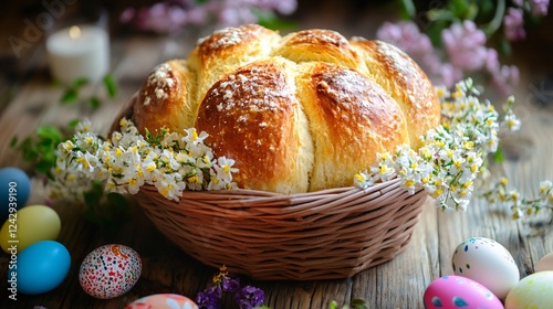 Paska bread with a rich, golden crust, artistically arranged in a woven basket with Easter eggs and fresh flowers photo