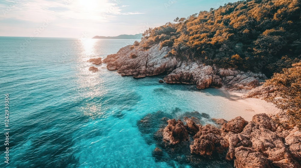 Fototapeta premium Secluded Cove Tropical Beach Scene Idyllic Sunset View