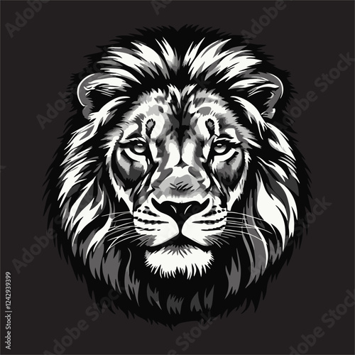 white and black vector image of lion for logo printing with black background photo