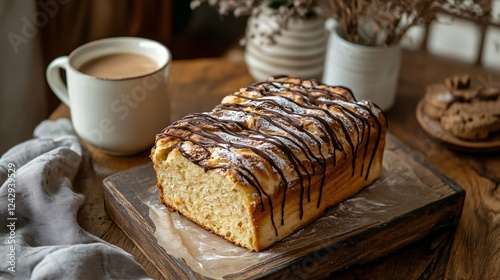 Paska bread with an artistic chocolate drizzle, served with a cup of warm milk on a wooden kitchen counter photo