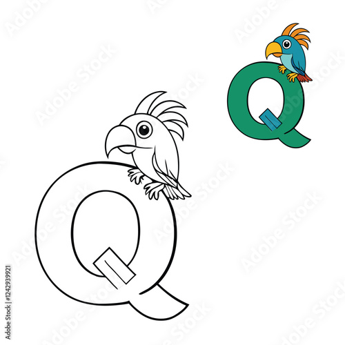 Alphabet letter "Q" with a vibrant quetzal coloring page. Features a detailed quetzal perched near the bold letter "Q," surrounded by leaves for a fun, educational design.