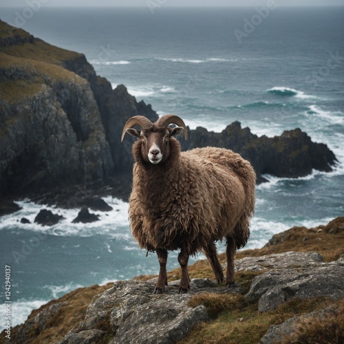 Soay Sheep on a Rocky Cliff. Sheep on the beach. 