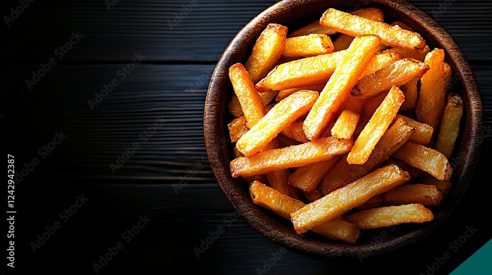 Golden fries in wooden bowl, dark wood background, food photography, menu use Golden fries in wooden bowl, dark wood background, food photography, menu use