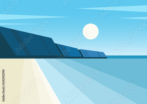 Blue seaside landscape vector illustration. Seaside with mountains. Vector seaside mountains poster