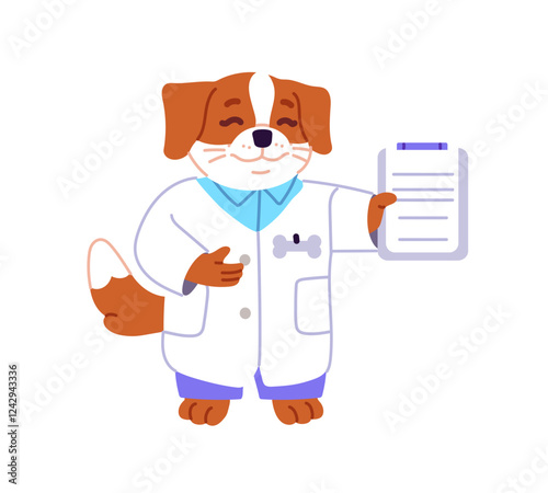 Happy animal medic holds clipboard. Cute anthropomorphic pup pediatric doc in medical coat with tablet of papers. Dog pediatrician, puppy physician smiles. Flat isolated vector illustration on white