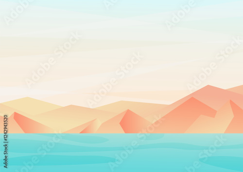 Coastal landscape illustration. Vector seaside mountains illustration in boho style with seaside