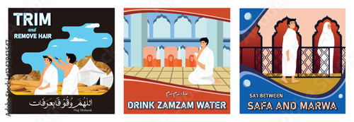 Haircut Ritual. Man in White Attire Drinking Water Zamzam. Sa'i Walking Between Safa and Marwa.