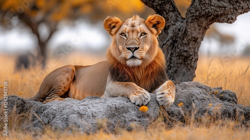 Majestic Lion Resting in the Savannah photo